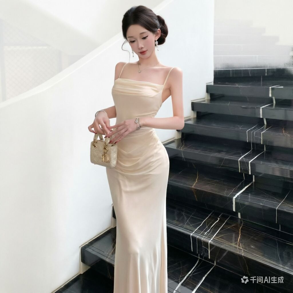 Formal Wear For Women Xl - Elegancka beżowa sukienka na ramiączkach z