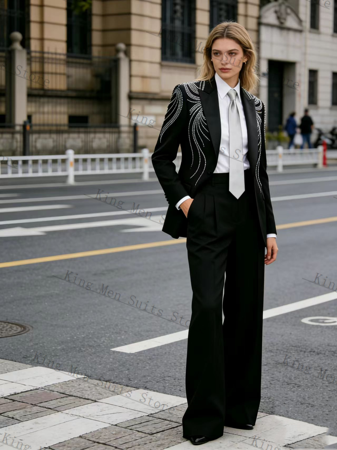 Women'S Formal Wear Jackets - Czarny damski garnitur 2-częściowy: marynarka +