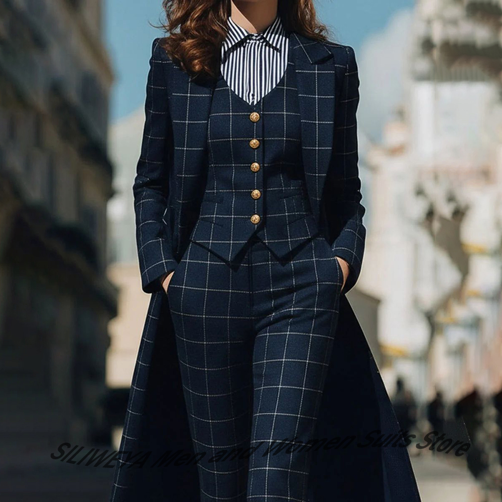 Women'S Formal Wear Jackets - Eleganckie granatowe damskie komplety w kratę: