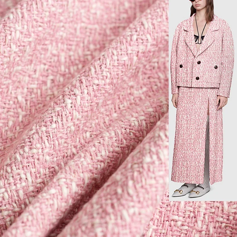 Tailored Coat Wool - Redraspberry 145cm różowa biała wełniana tkanina